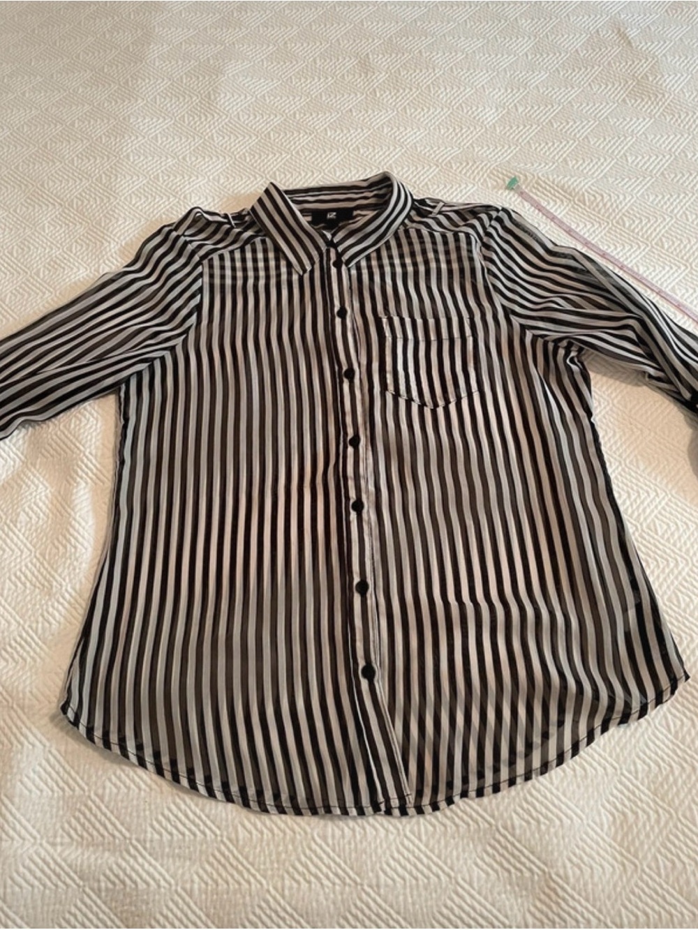 IZ Byer Black White Striped Sheer Button Down Shirt Roll Tab Sleeve Sz L